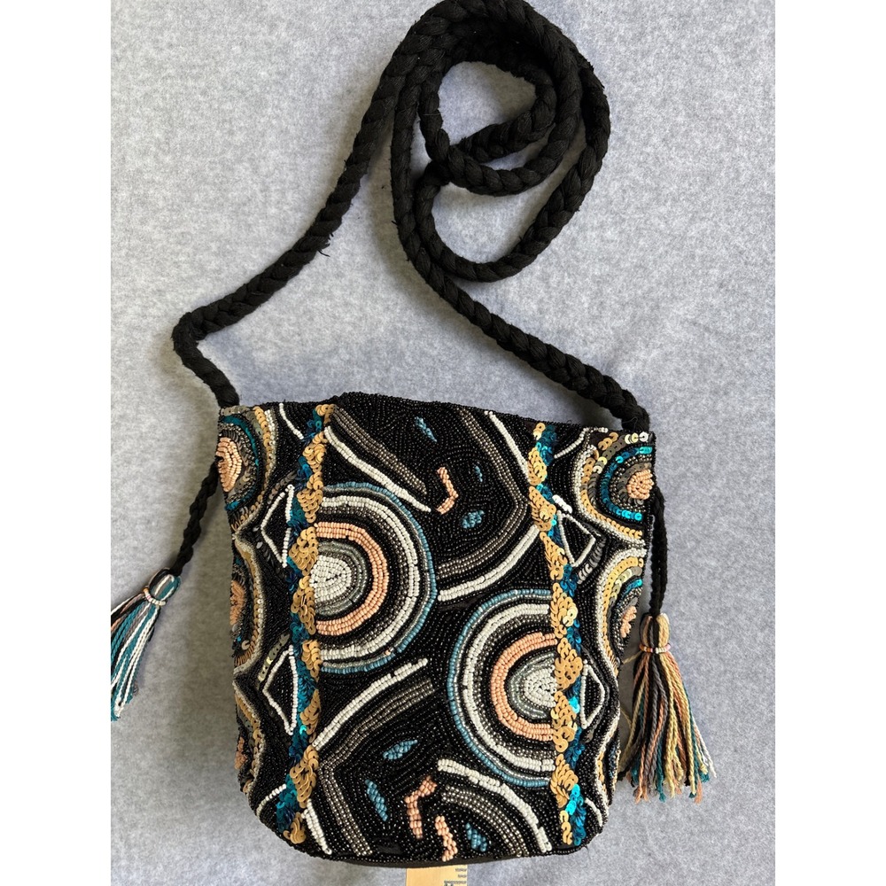 Sam Edelman Beaded Sequin Crossbody Bag Black Boho Tassel Rope Strap Purse